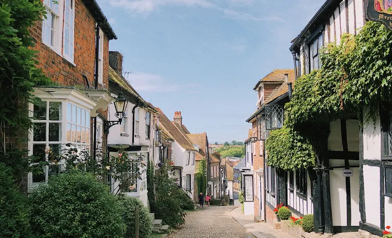 Narrow cobblestone medieval street in an English town