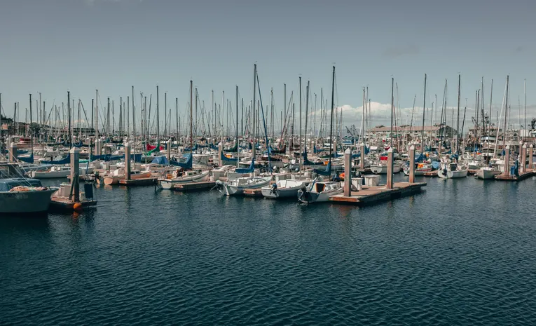 Boats docked in a harbour under a clear sky
