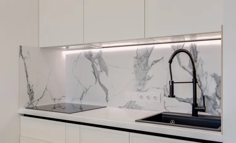 Elegant marble kitchen countertop and backsplash